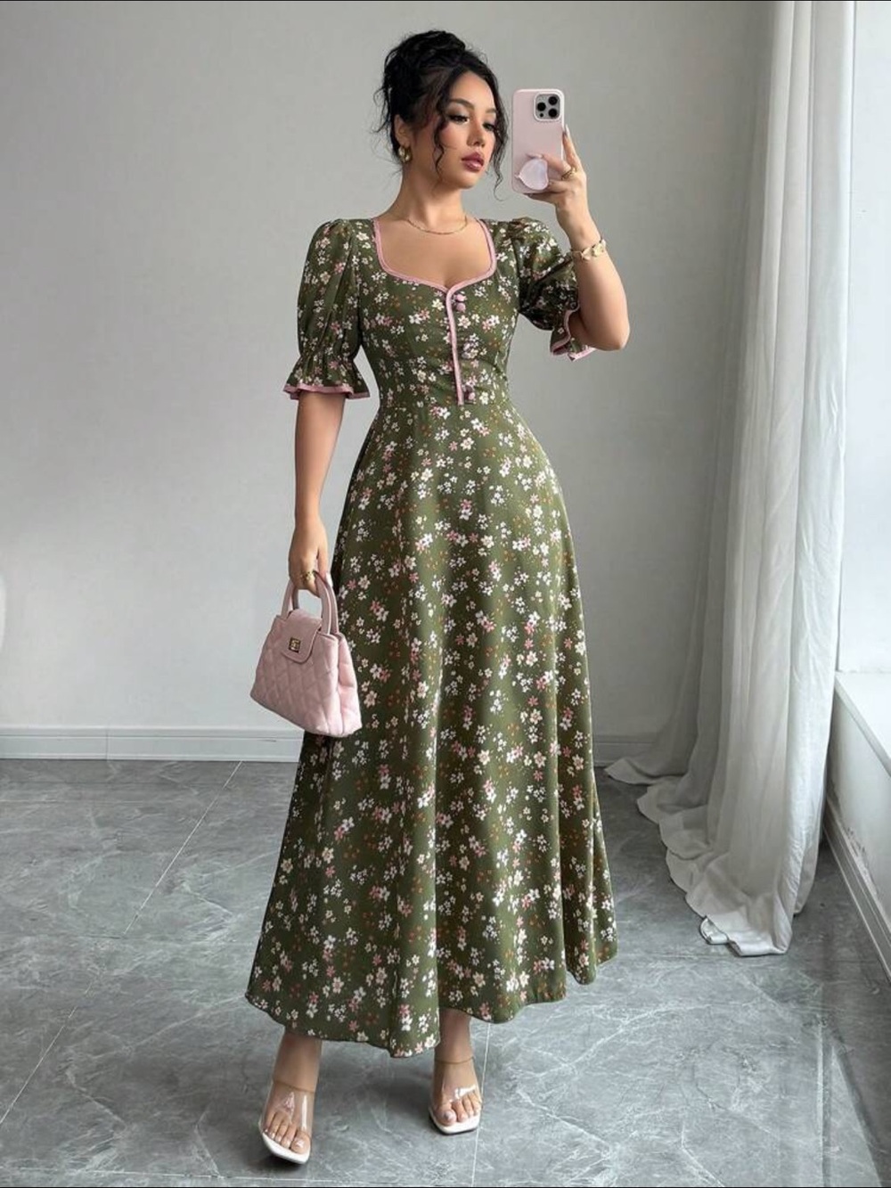 Puff-Sleeve 🔥 Floral Maxi Dress with Pink Trim